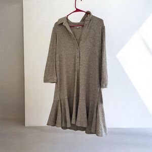 Taupe Ribbed Robbie Bee Collared Shift Dress with Ruffle Hem Size L